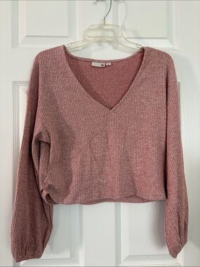 V-Neck Ribbed Cropped Sweater - Dusty Rose